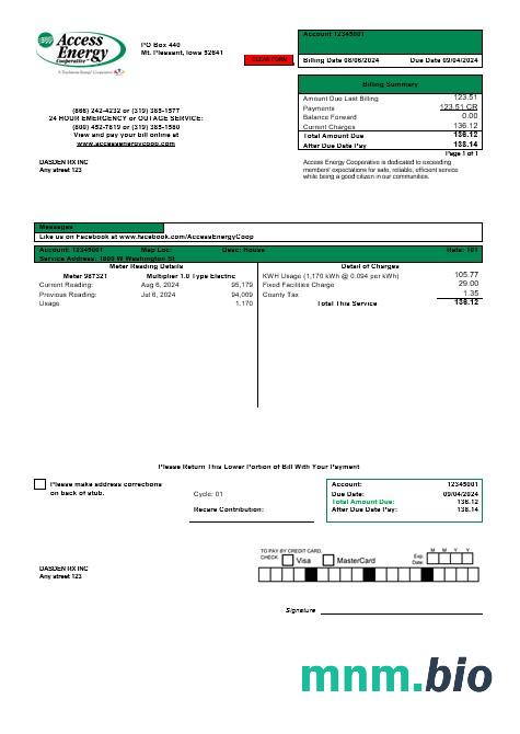 USA Iowa Access Energy Cooperative rachunek za usługi komunalne szablon w formacie Word i PDF